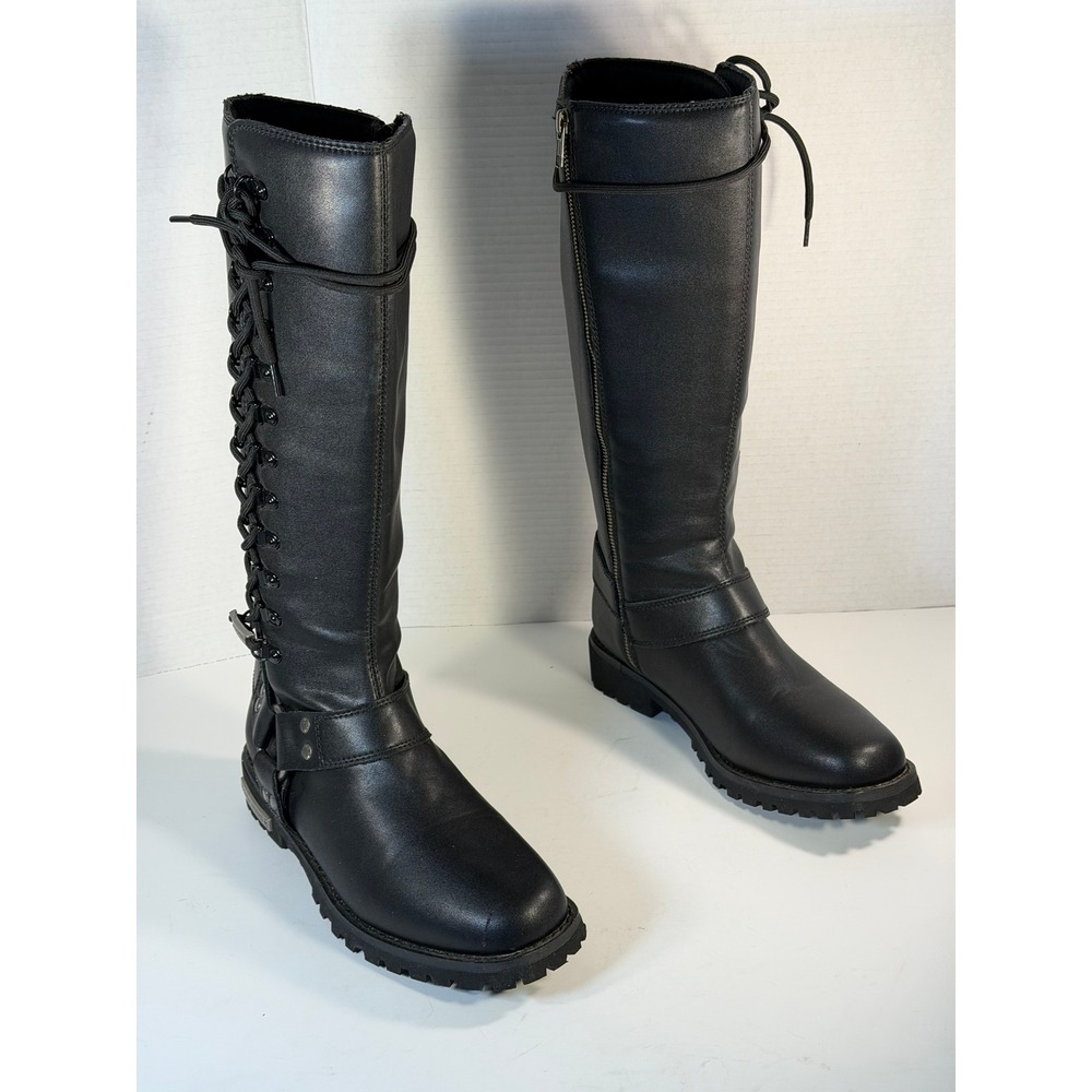 Dream Apparel Womens Black Leather Tall Biker Boots Lace Up Back Harness Size 10